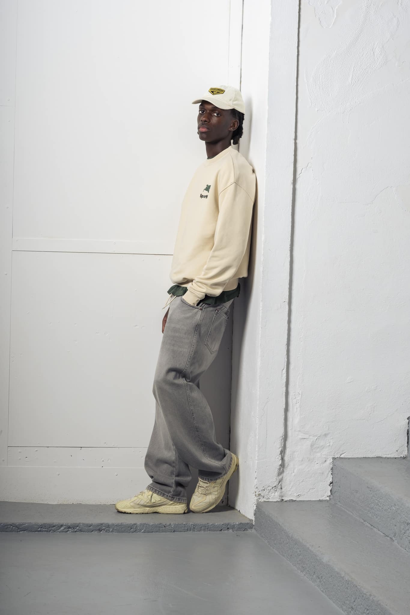 2-PCH24 a model with a 550 g Premium Hummus Crewneck Puff Print of Goodies-Sportive