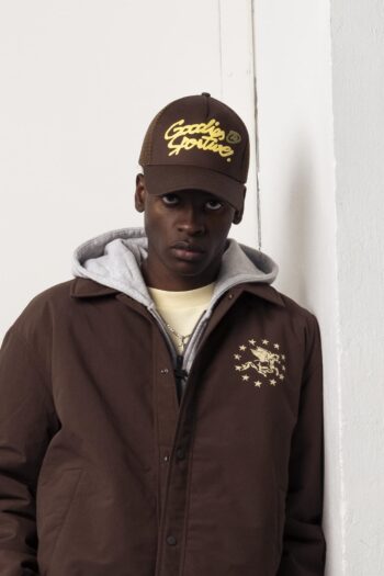 A model with Memory Brown Jacket by Goodies Sportive