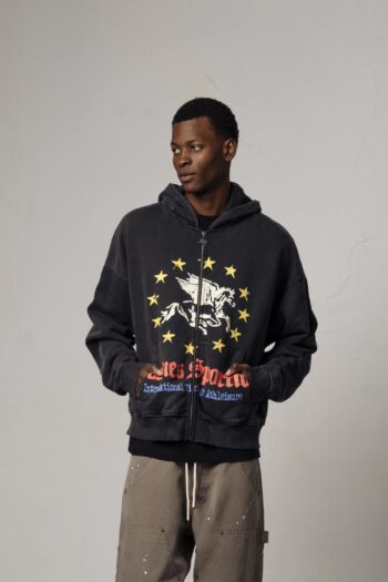 A model with Pegasus Union Hoodie by Goodies Sportive
