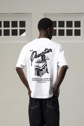 A model with Snooker White Tee by Goodies Sportive